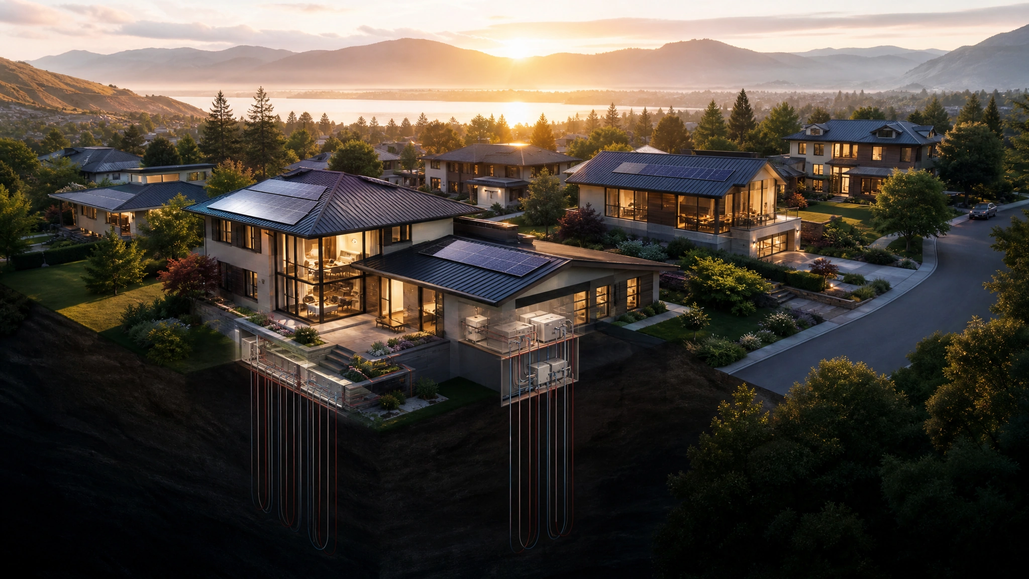 Aerial view of a neighborhood installing vertical closed-loop geothermal energy systems in 2026
