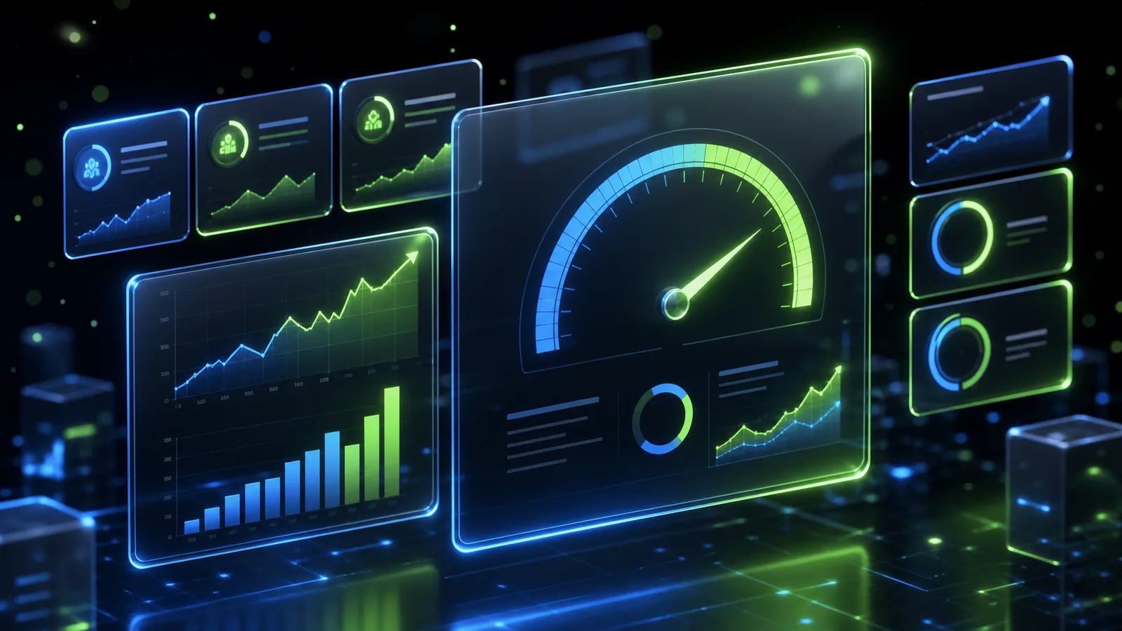Glowing 3D geothermal contractor SaaS analytics dashboard mockup