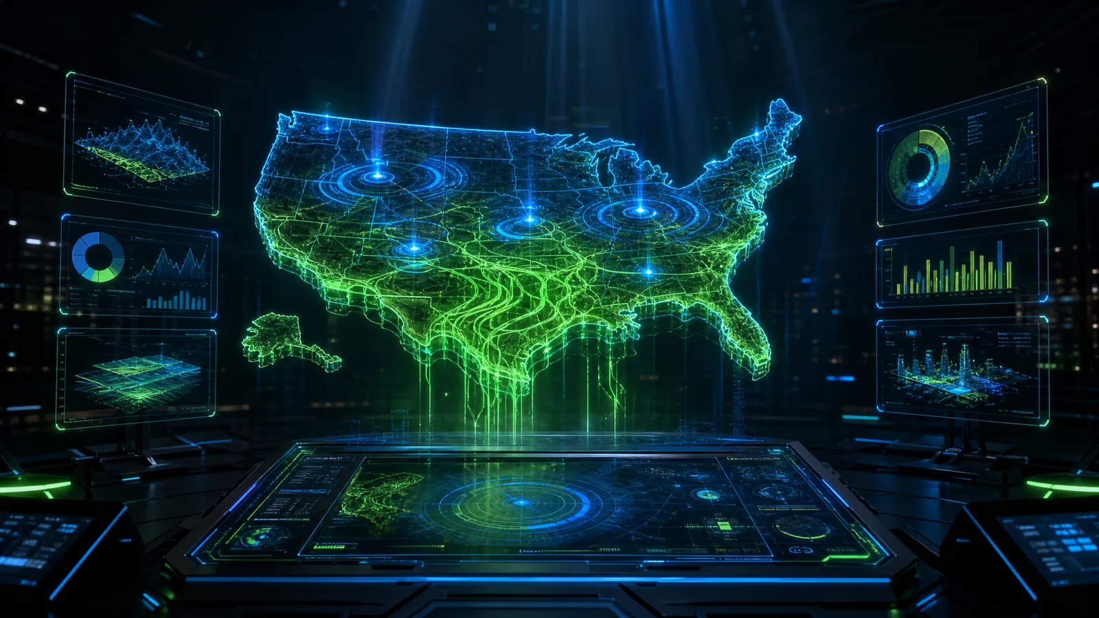 Futuristic geothermal contractor SaaS command center with holographic dashboards