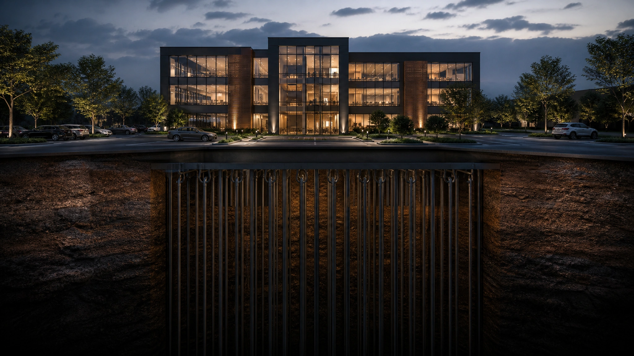 Commercial building heated and cooled by a vertical closed-loop geothermal system