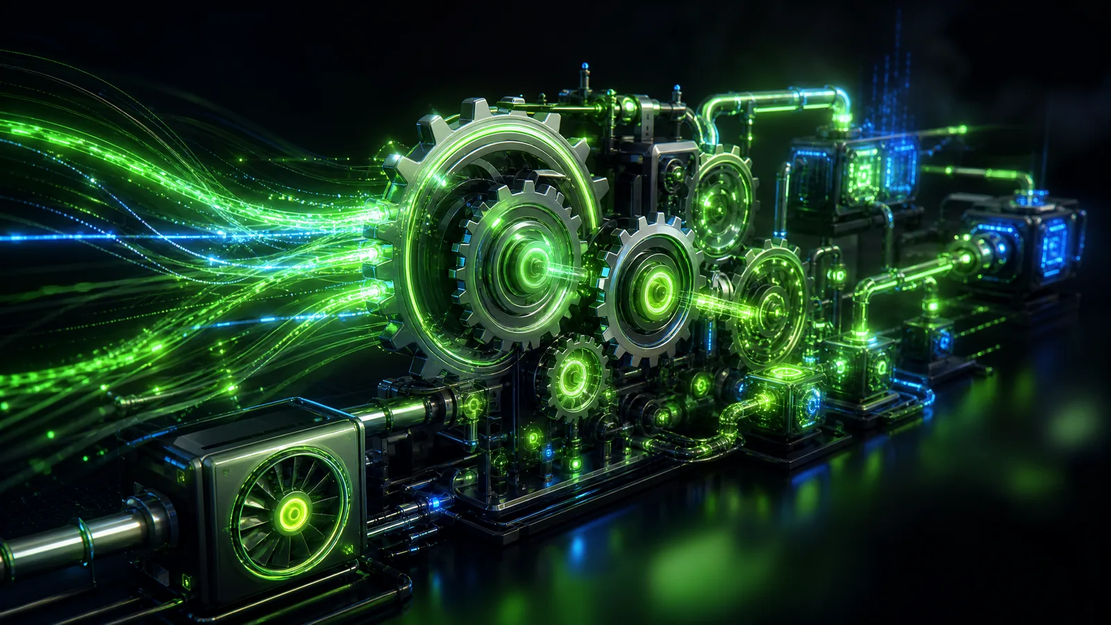 Glowing futuristic automation workflow gears powering geothermal contractor business efficiency