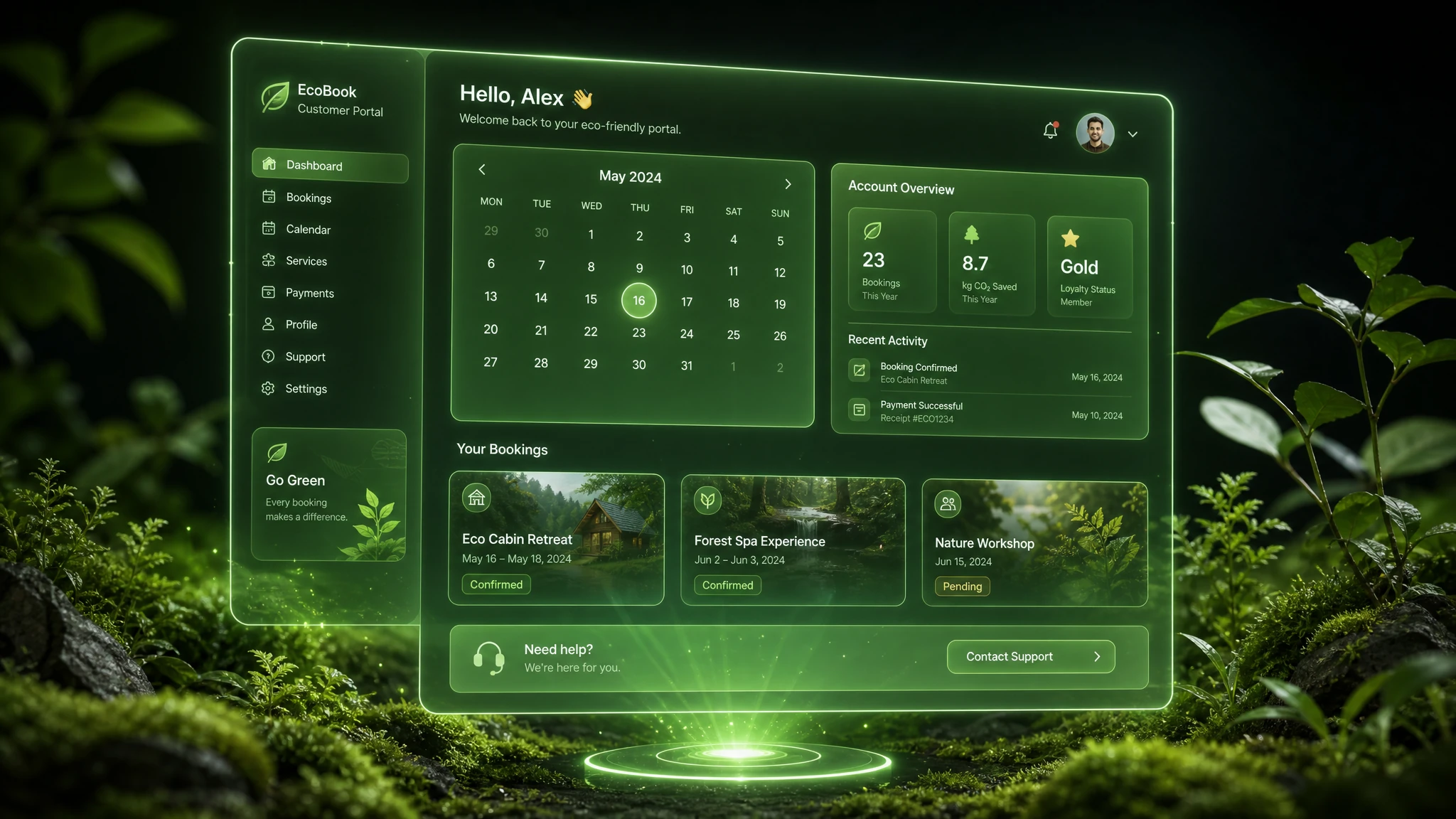 Futuristic holographic customer self-service portal and online booking web application in a green eco setting