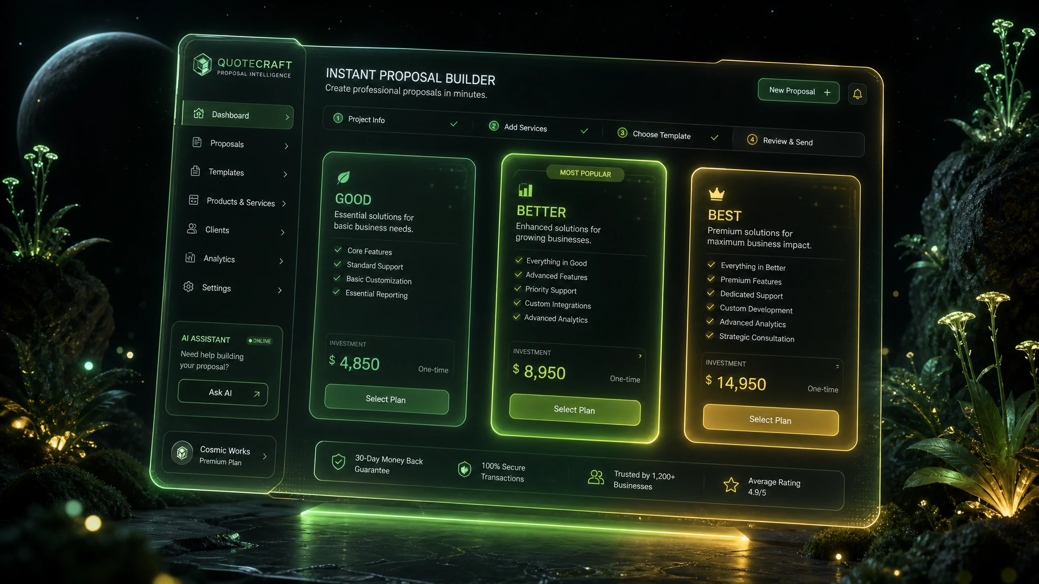 Futuristic holographic instant quote and proposal builder web application with glowing pricing cards
