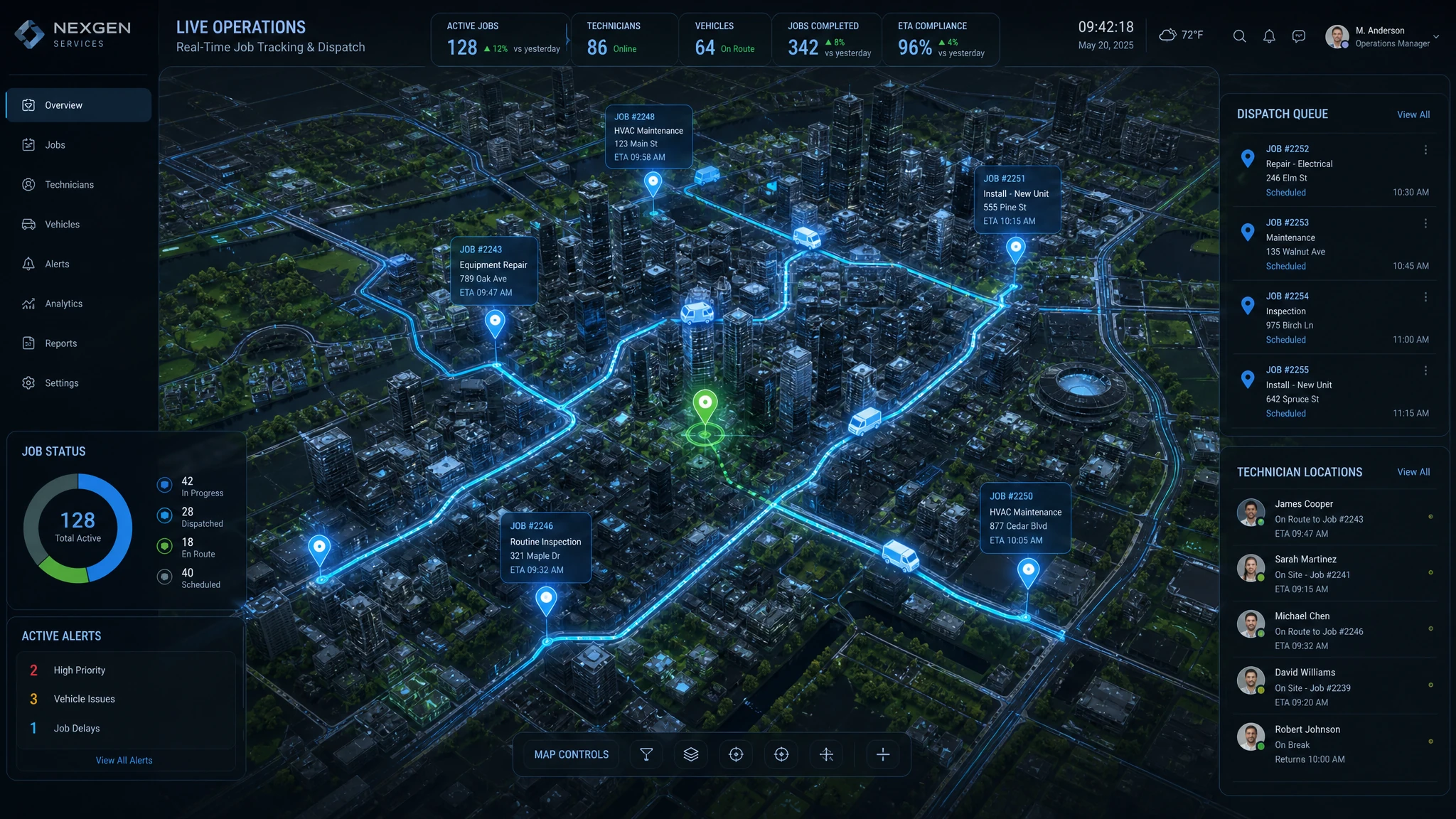 Futuristic holographic live job tracking and technician dispatch map web application with glowing routes