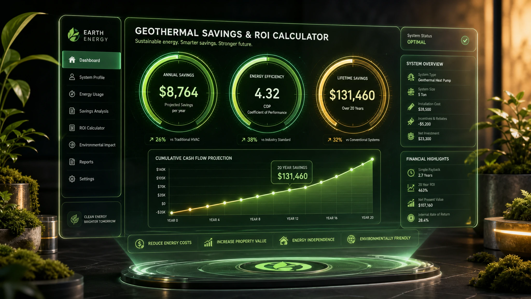 Futuristic holographic geothermal savings and ROI calculator web application with glowing efficiency gauges