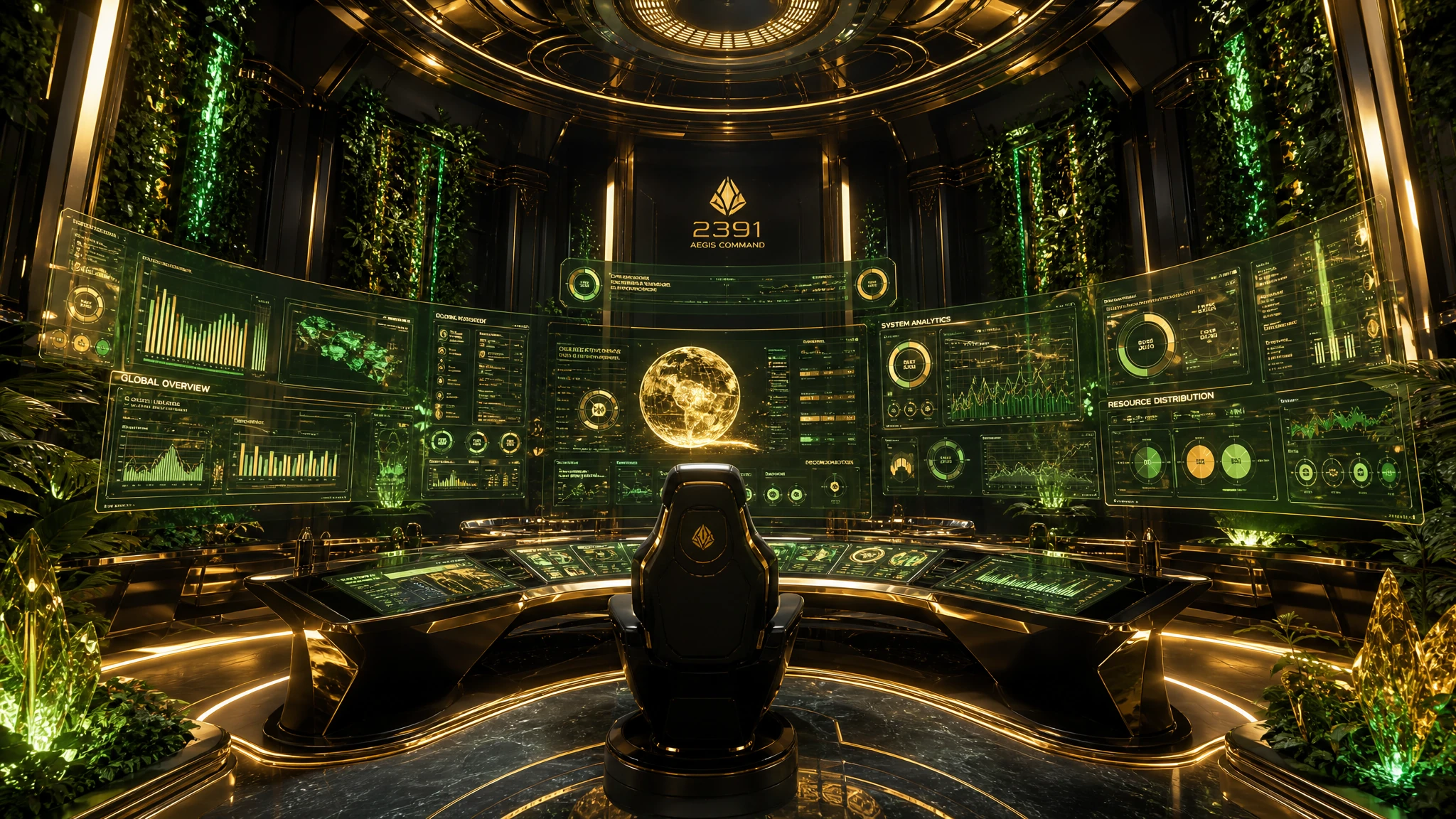 Opulent year-2391 holographic command console with every geothermal web application module, gold and green light