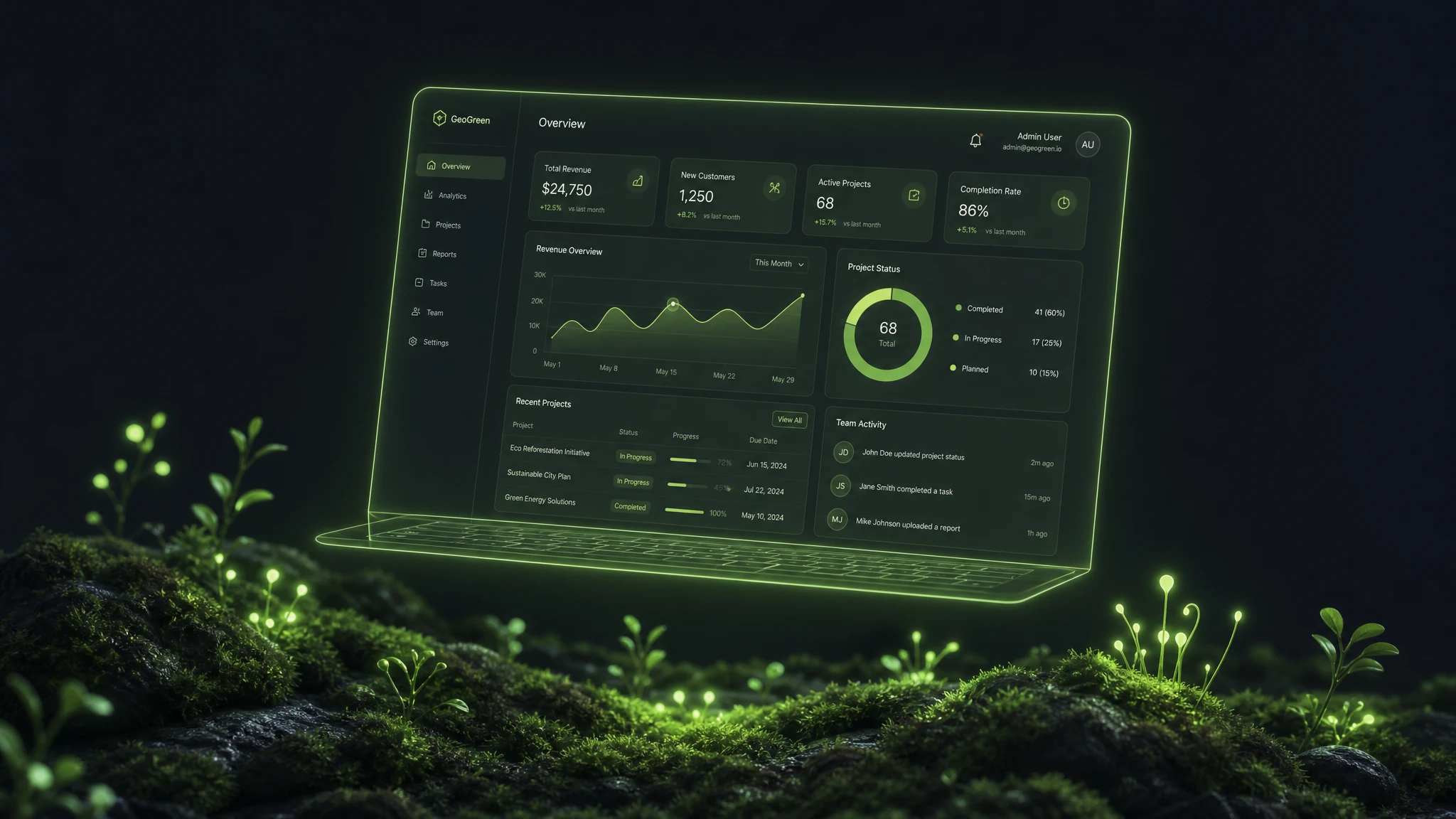 Futuristic year-2391 foundational geothermal contractor web application floating above glowing moss