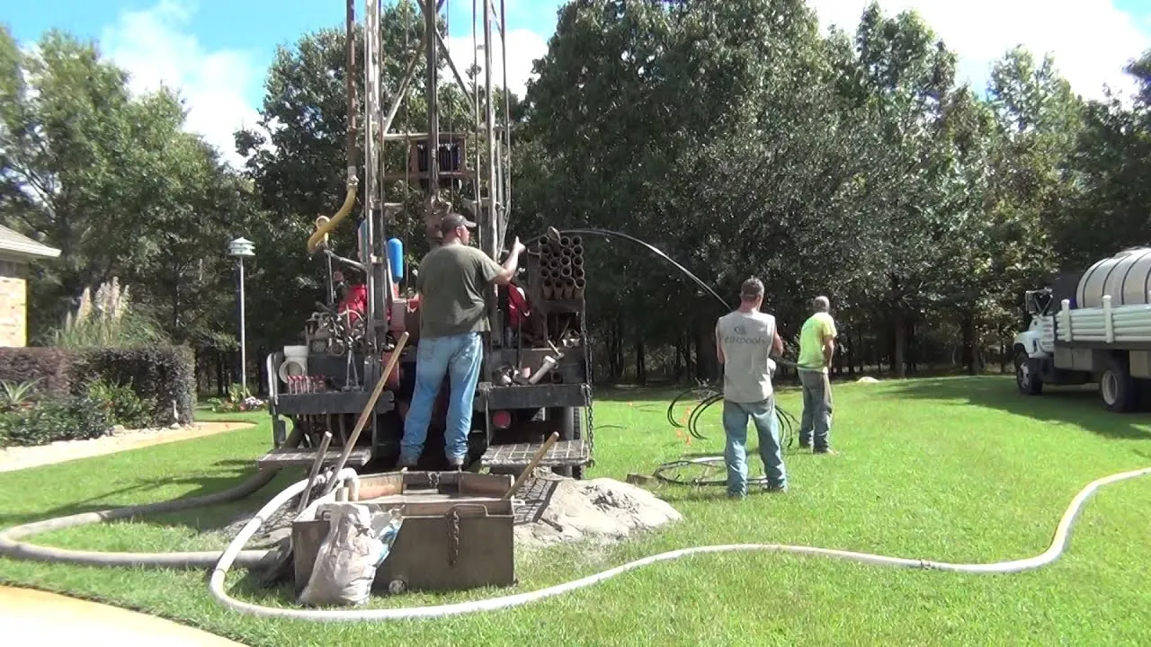 Geothermal ground loop installation drilling process for residential heat pump system