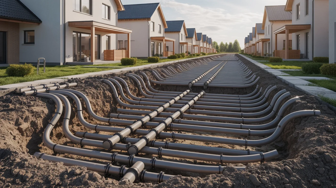 Kensa Heat Pumps shared ground loop array installation for housing development