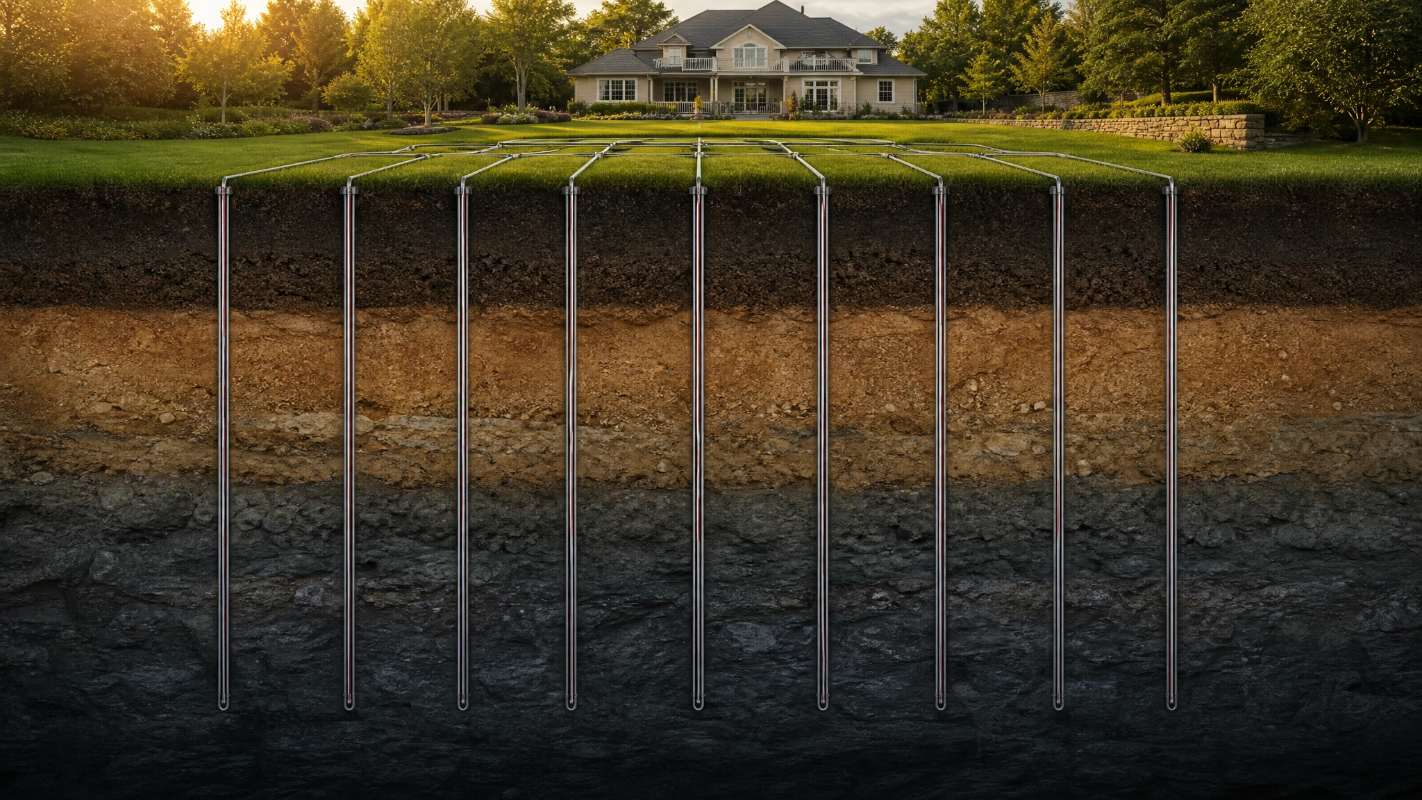Vertical closed-loop geothermal borehole field compared with horizontal ground loop installation
