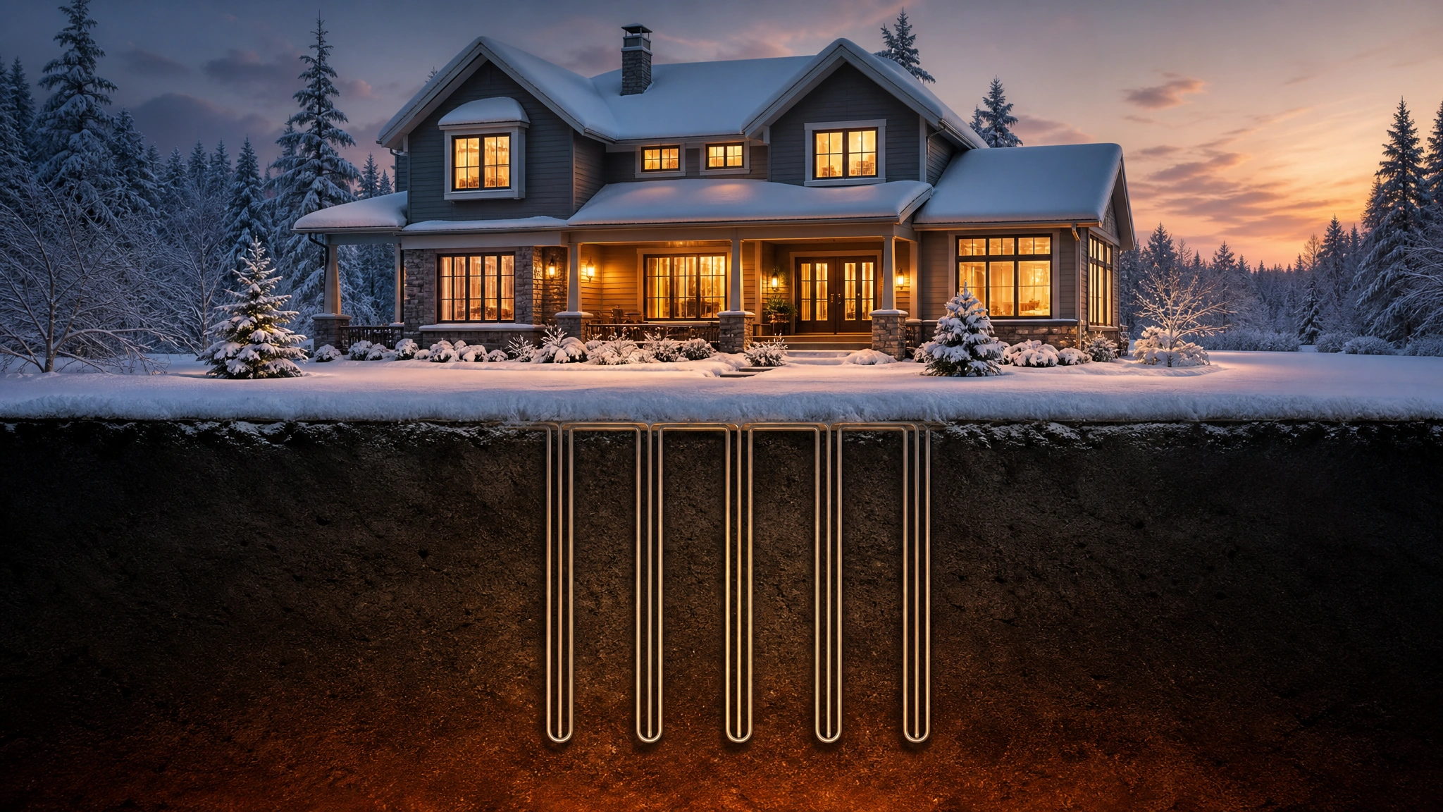 Snow-covered home in a cold climate heated by a vertical closed-loop geothermal system in winter