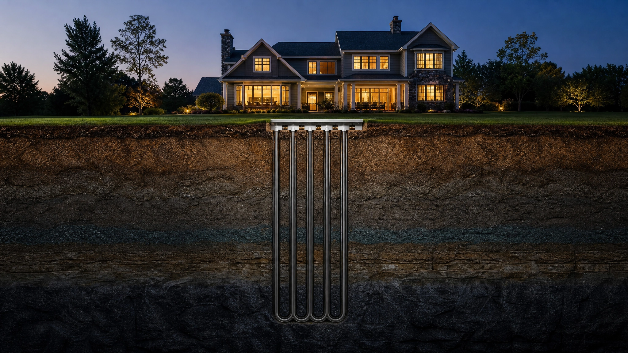Home with a vertical closed-loop ground source heat pump requiring routine maintenance