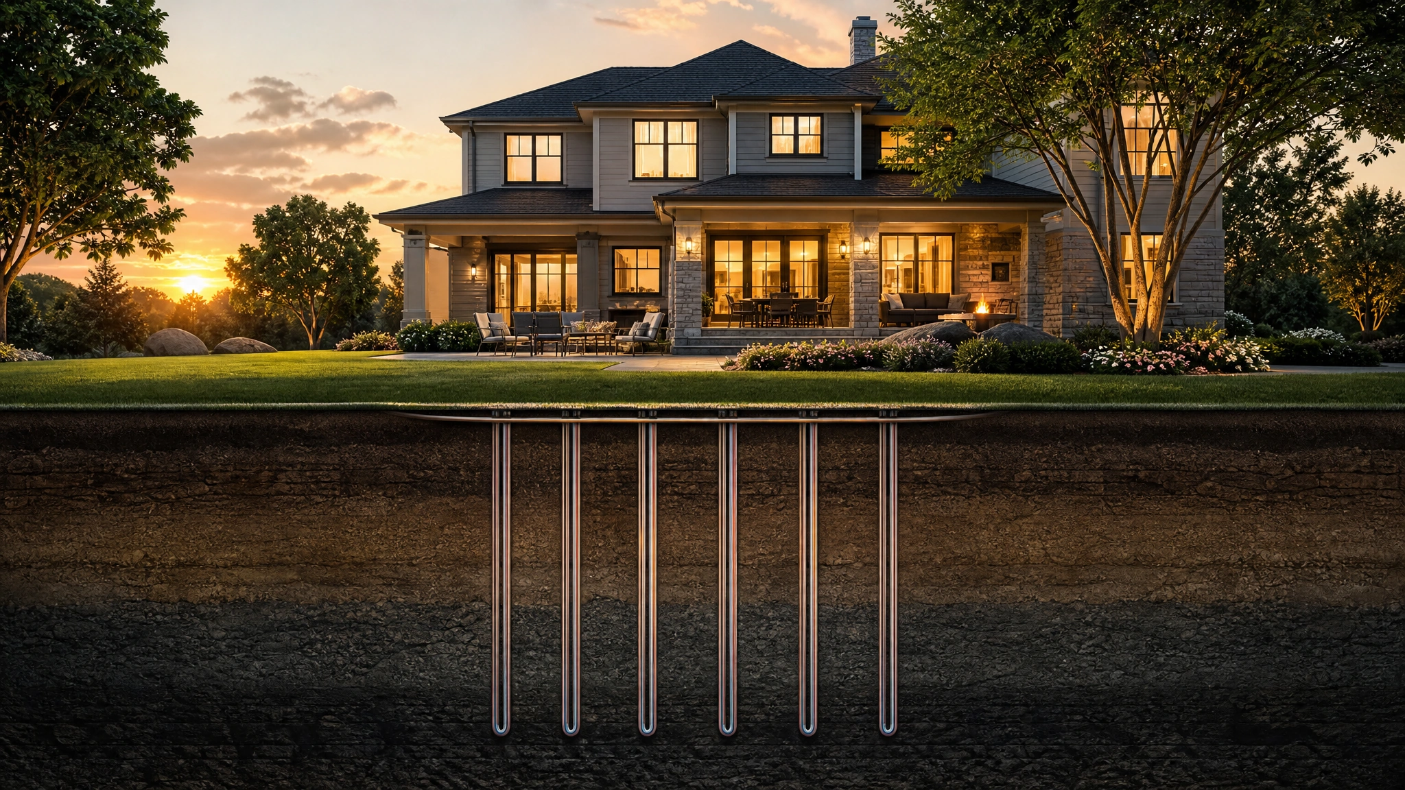 Modern home with a vertical closed-loop geothermal system delivering long-term energy savings
